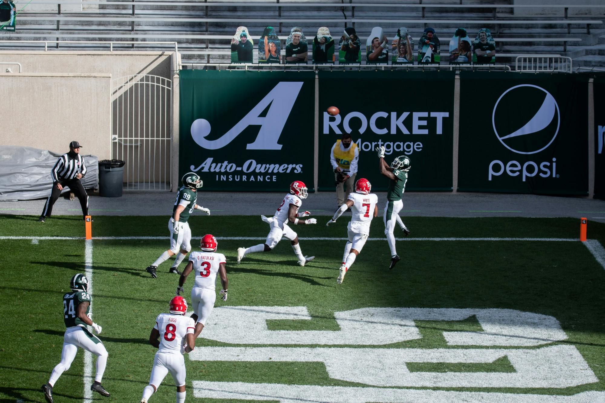 Wide reciever Jayden Reed, 5, from Naperville, IL earns a touchdown  for MSU in the second half of a game against Rutgers on Oct. 24, 2020.