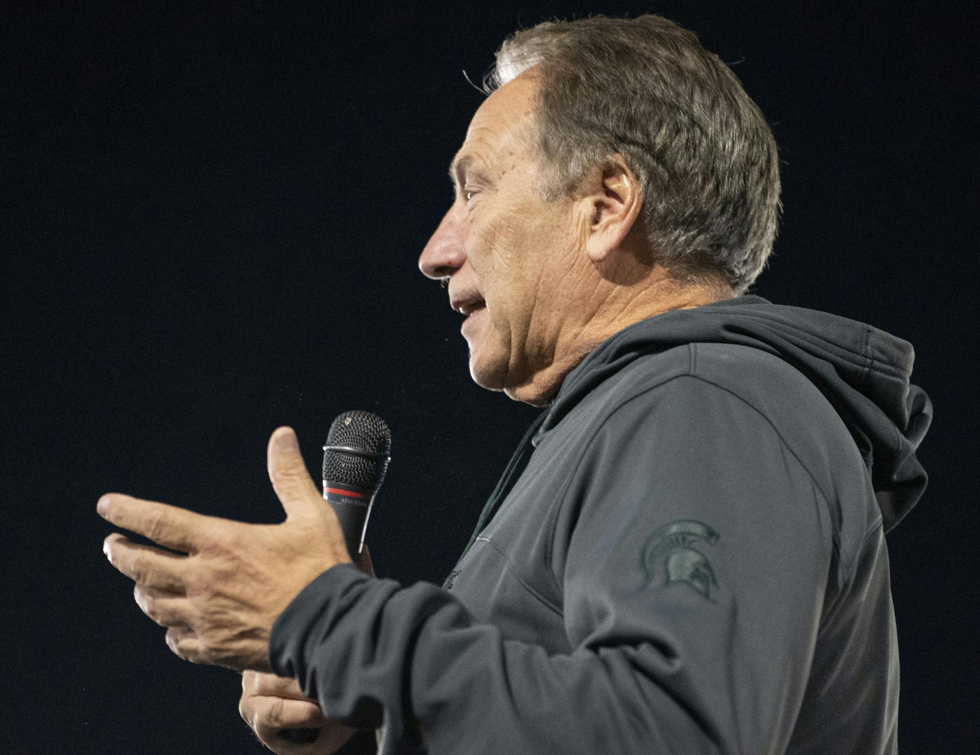 <p>Head Coach Tom Izzo addresses the Izzone during the annual Izzone Campout on Friday, Sept. 30, 2022 at Munn Field.</p>