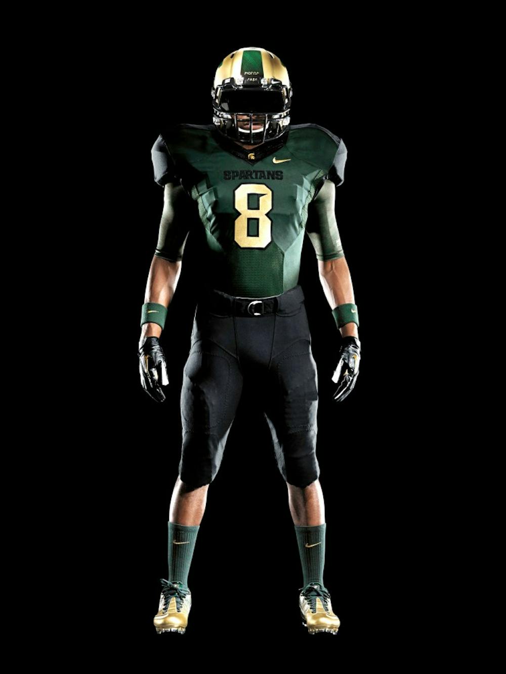 Photographs of the Nike Pro Combat system, which the football team will wear Oct. 15 when they play Michigan, were released Sept. 13. Michigan State is one of nine teams chosen to wear the innovative uniform. Photo courtesy of MSU Athletics/Nike