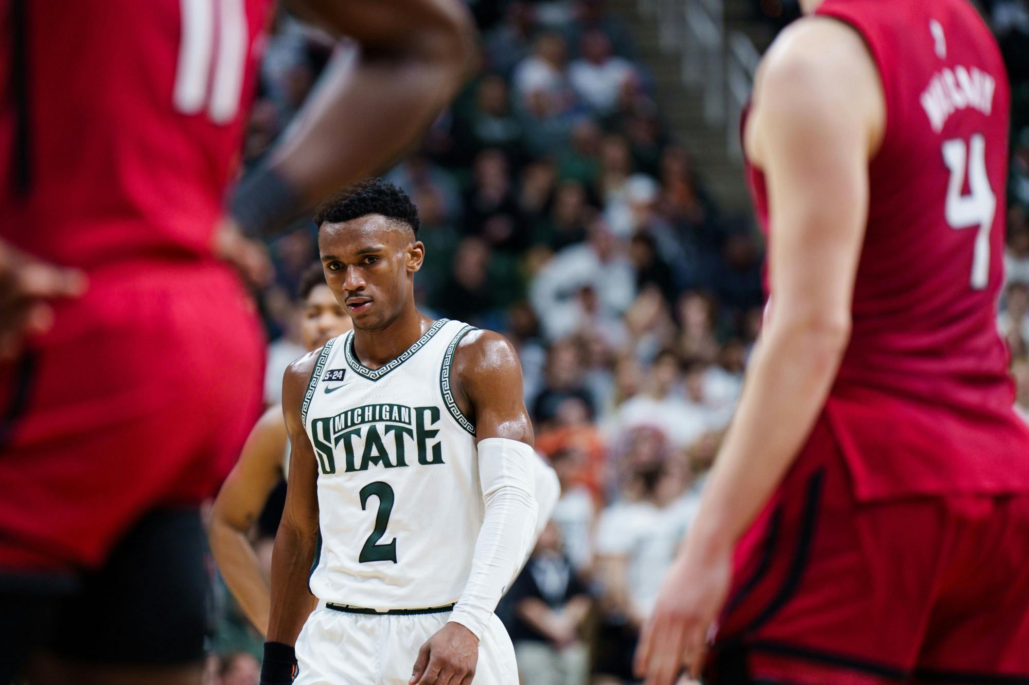 <p>Senior guard Tyson Walker (2) prepares to line up for a free throw during a matchup against Rutgers, held at the Breslin Center on Jan. 19, 2023. The Spartans defeated the Scarlet Knights 70-57.</p>