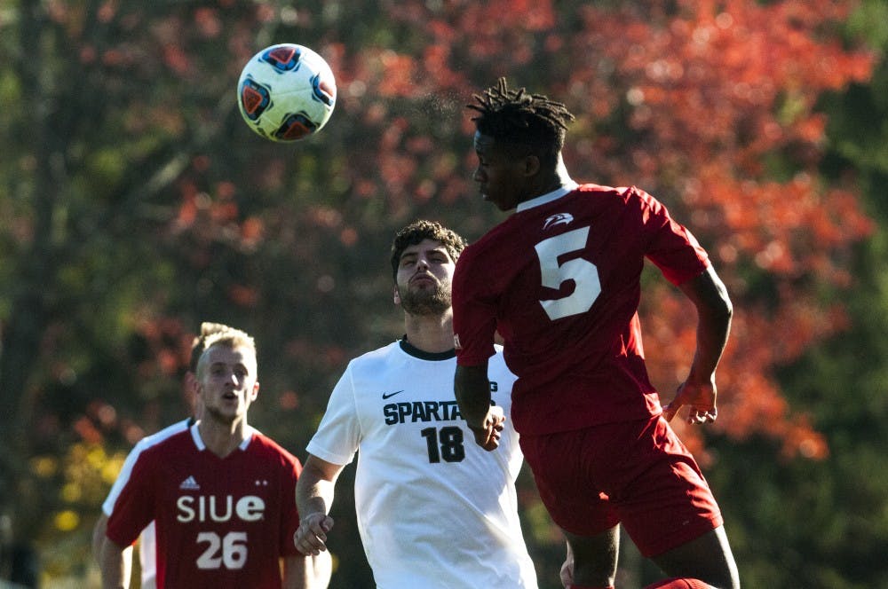 Junior midfielder Brian Winterfield attempts to head the ball during the game against SIUE on Nov. 17, 2016 at DeMartin Stadium. 