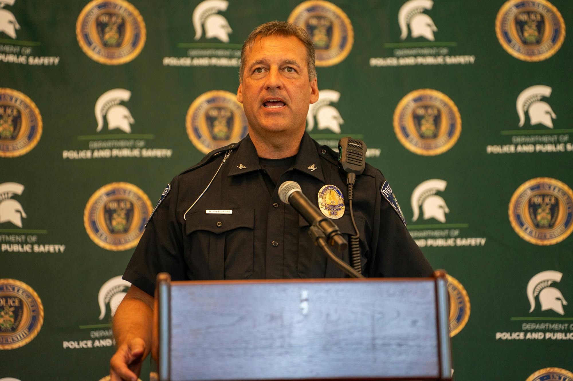 <p>Michigan State University Police Chief Mike Yankowski addresses the media in East Lansing on July 8, 2025.</p>