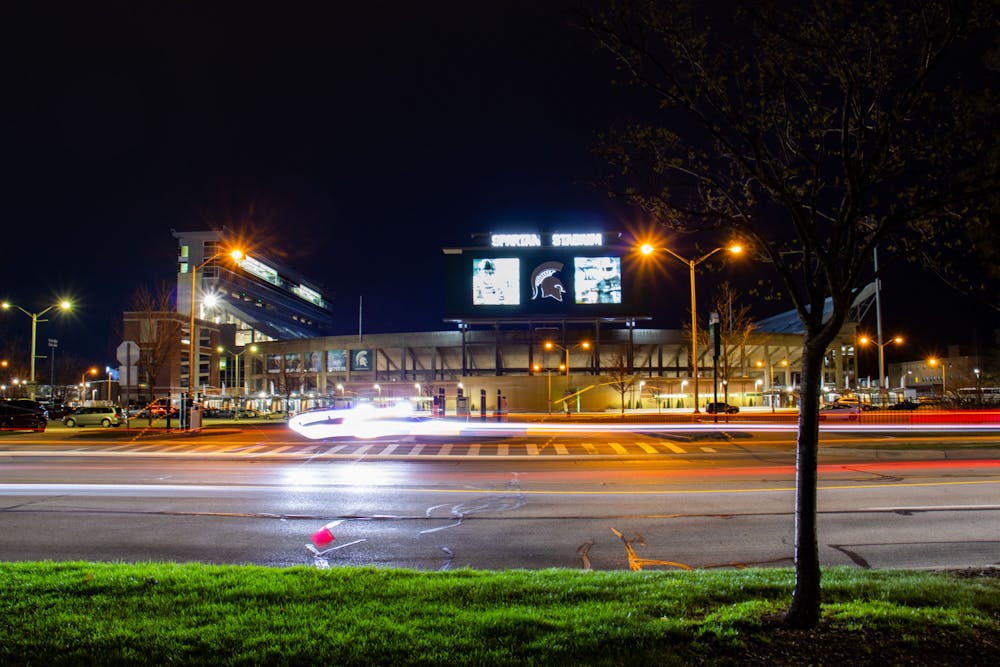 A car leaves Spartan Stadium in East Lansing on April 4th, 2022.