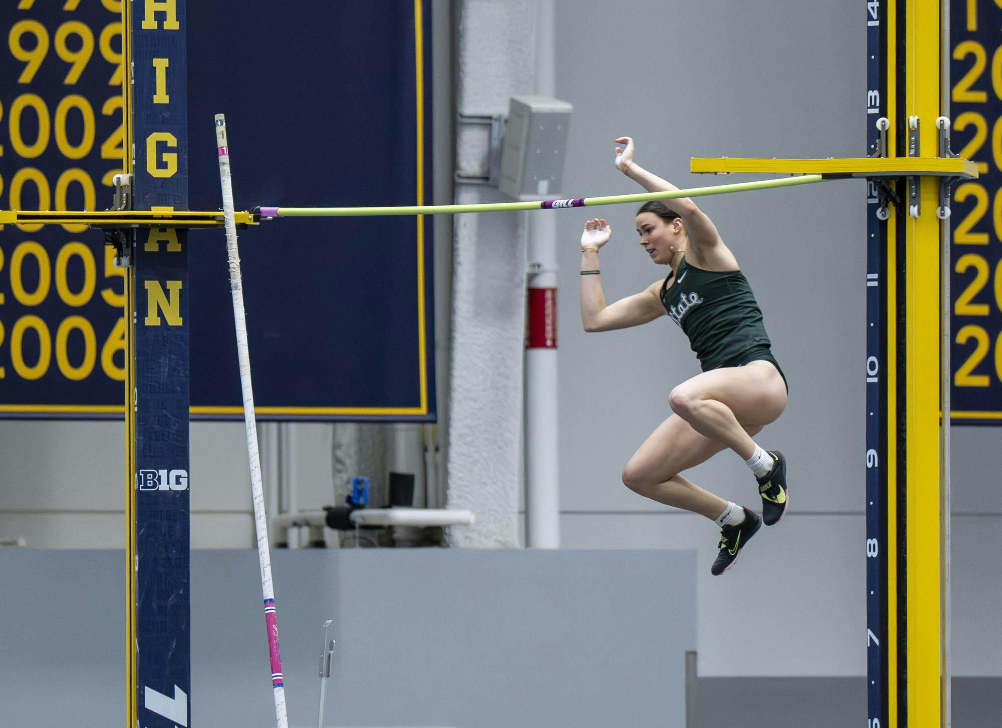 A Michigan State pole vaulter jumps at the UM indoor track building in Ann Arbor, Mich. on Feb. 20, 2026. 