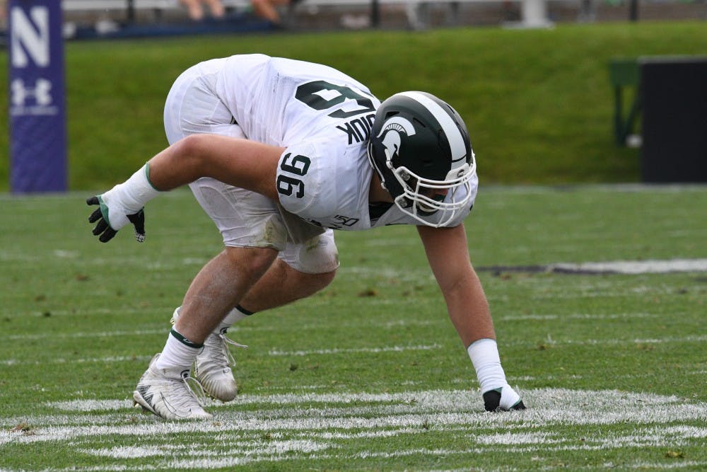 <p>Junior defensive end Jacub Panasiuk (96) prepares to run during the game against Northwestern at Ryan field on September 21, 2019. MSU defeated Northwestern 31-10.</p>