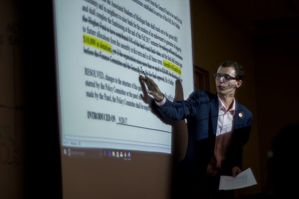 <p>ASMSU President Lorenzo Santavicca clarifies a proposed amendment to the bill during an ASMSU meeting on Oct. 5, 2017 at Student Services.The meeting concluded by passing Bill 54-06 which aims to support sexual assault victims in the MSU community by a vote of 39-2-0.&nbsp;</p>