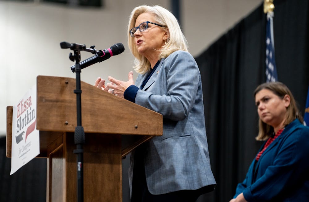 State Rep. Liz Cheney speaks out during State Rep. Elissa Slotkin's campaign rally at East Lansing High School on Nov. 1, 2022. State Rep. Liz Cheney endorses Slotkin at this campaign rally. 