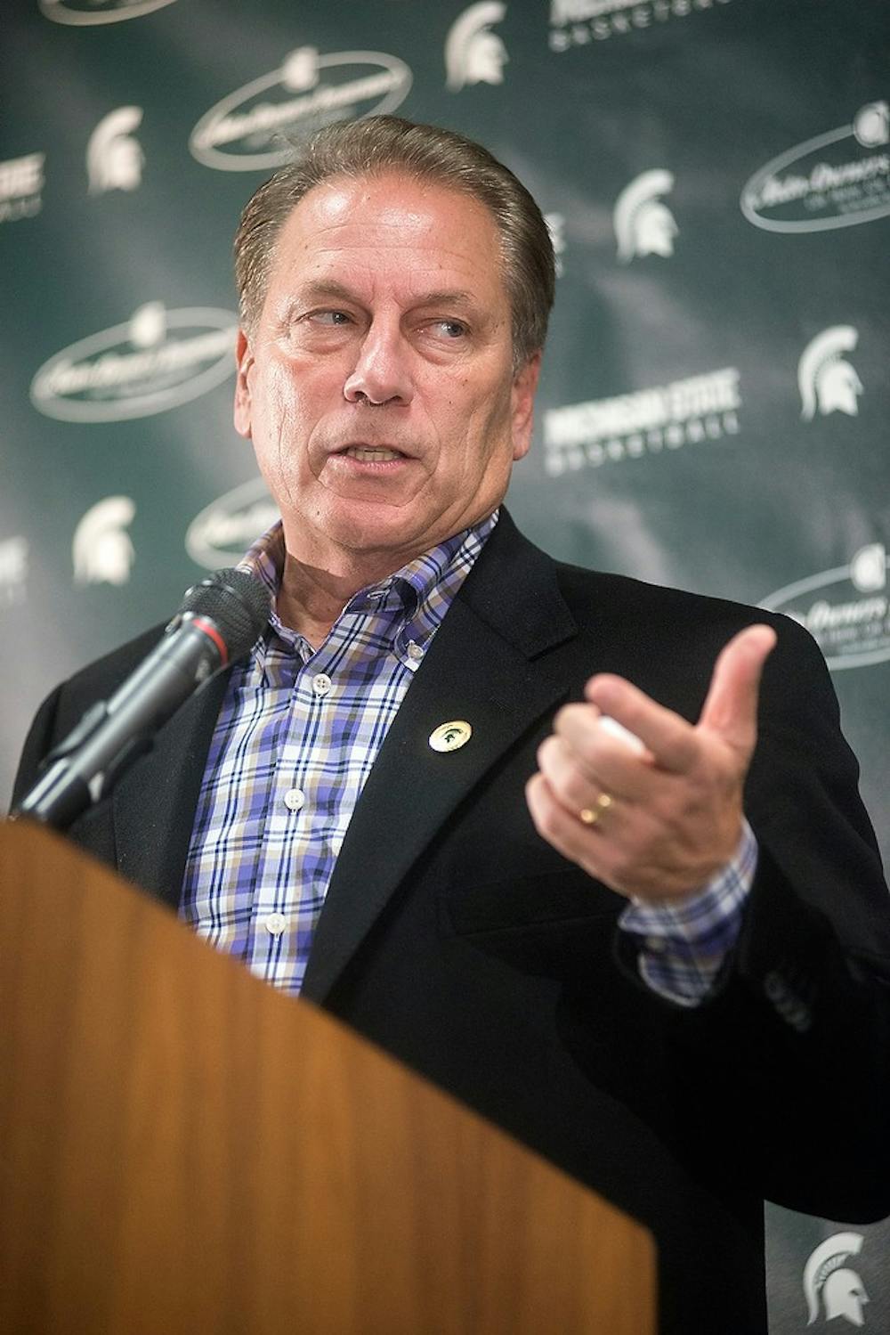 <p>Head coach Tom Izzo speaks to the media during men's basketball media day on Oct. 28, 2014, at Breslin Center. Julia Nagy/The State News</p>