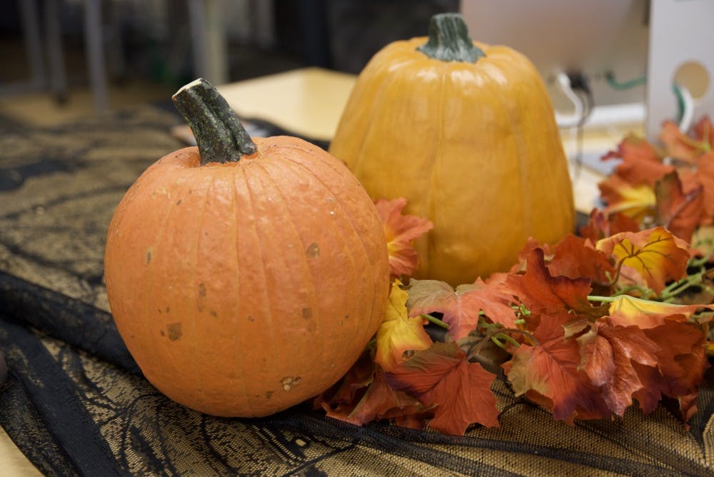 <p>Halloween pumpkins photographed in The State News newsroom Oct. 29, 2019.</p>