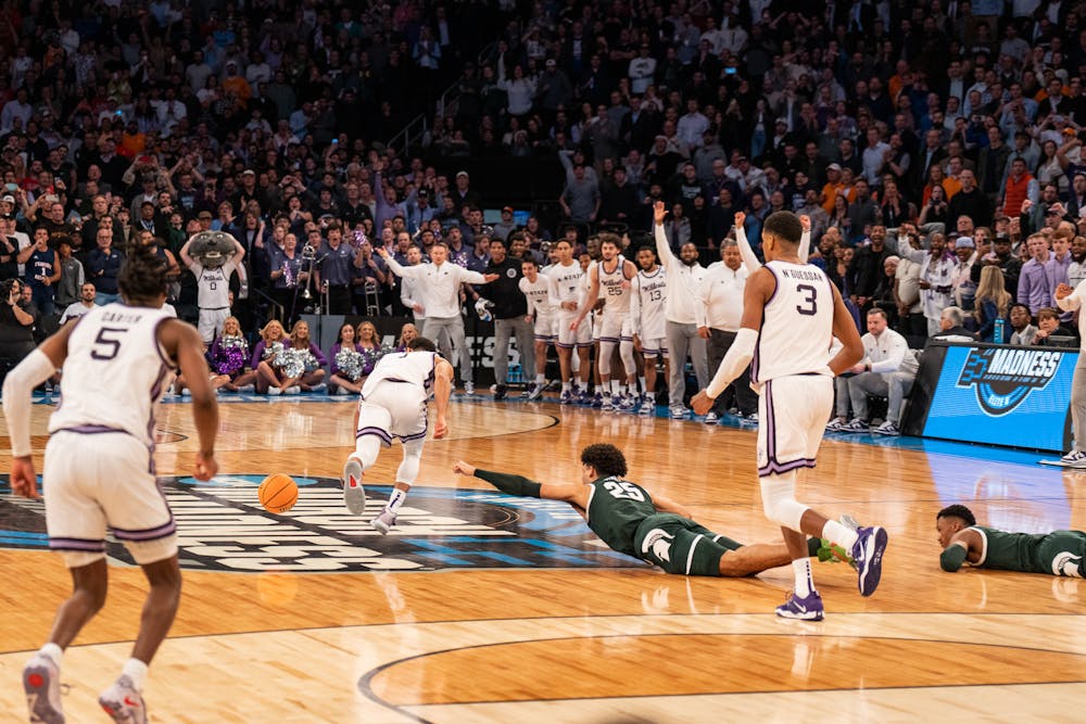 Michigan State turns the ball over on the last play of the game during the Spartans' Sweet Sixteen matchup with Kansas State at Madison Square Garden on Mar. 23, 2023. The Spartans lost to the Wildcats 98-93 in overtime.