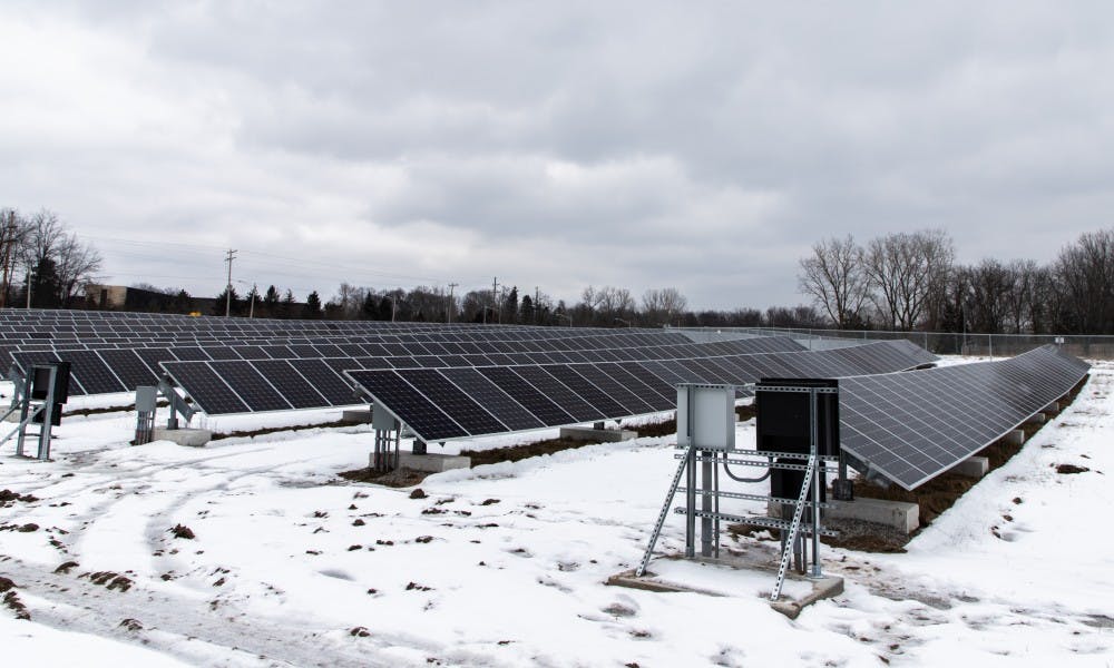 Pictured are some solar panels photographed  at the East Lansing Solar Park on Jan. 24, 2019 at Burcham Park in East Lansing.