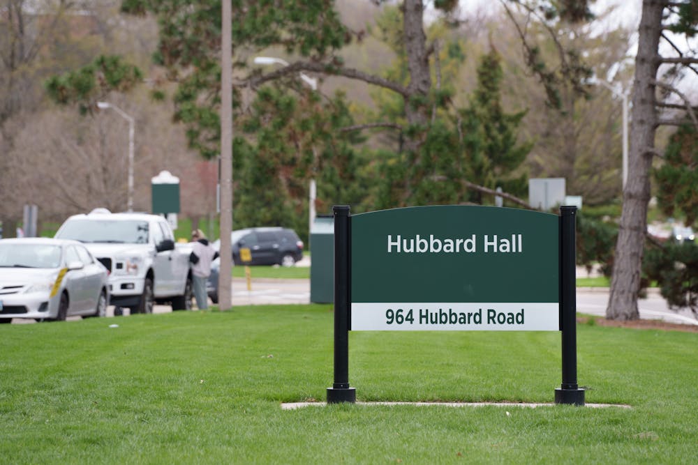 Sign outside of Hubbard Hall, on May 4, 2022.