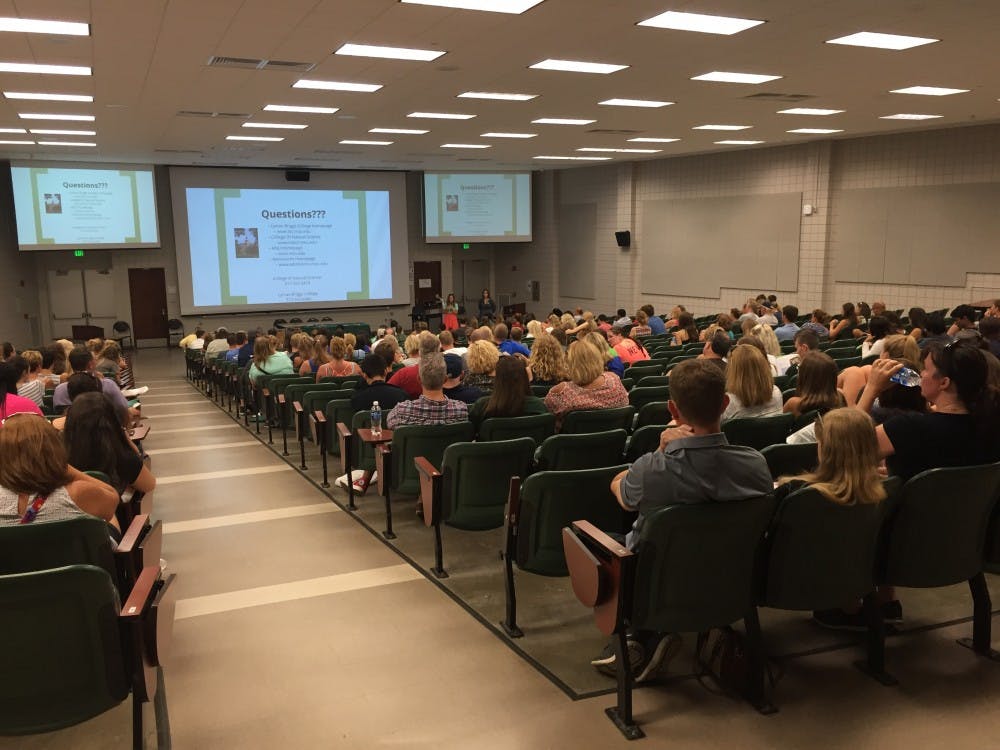 <p>Prospective students watch a presentation on the Lyman Briggs college in Well Hall on July 19, 2016.</p>