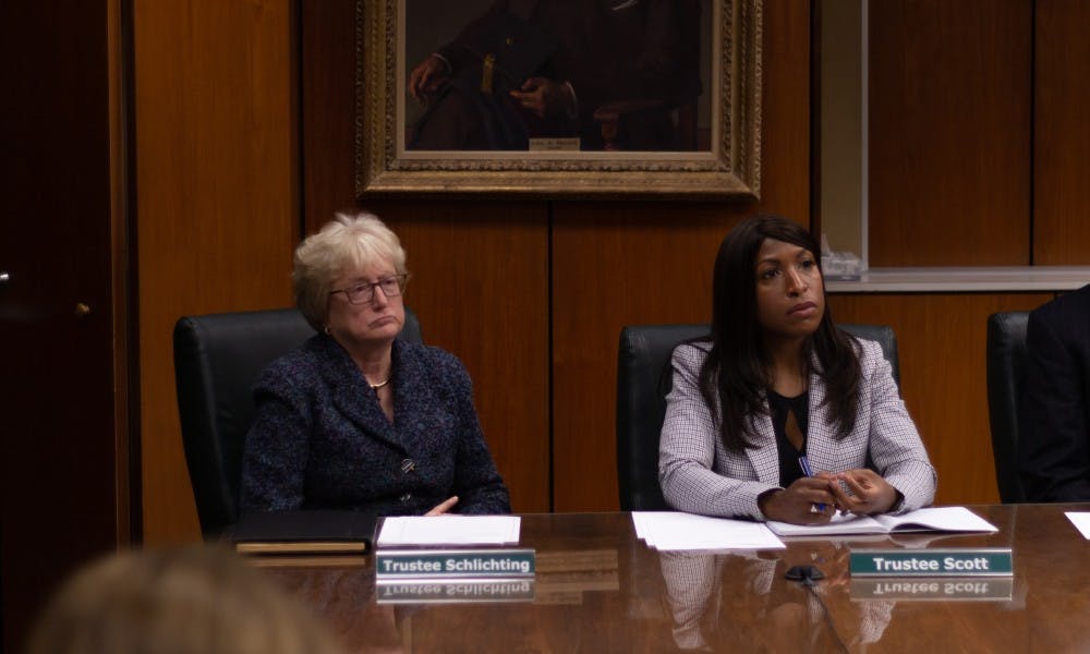 Trustees Schlichting and Scott listen to presentations at the MSU Board of Trustees meeting on Wednesday, January 9, 2019.