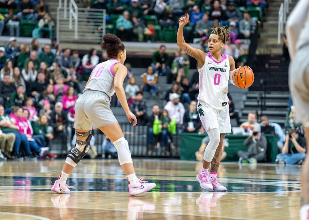 <p>Michigan State Univeristy’s junior guard DeeDee Hagemann (0) searches for a Spartan teammate to pass the ball to during the “Pink Out” game against The Ohio State University on Feb. 11, 2024.</p>