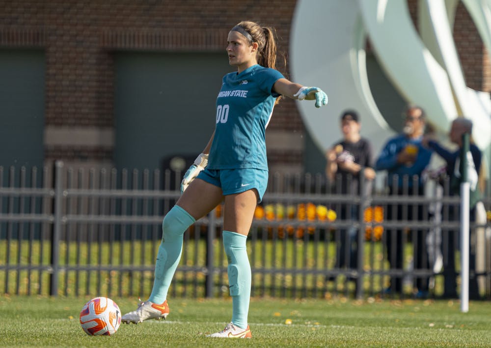 Redshirt senior goalkeeper Lauren Kozal, 00, during Michigan State’s game against Rutgers on Sunday, Oct. 23, 2022 at DeMartin Stadium. The Spartans took down the Scarlet Knights, 1-0, in their regular-season finale.