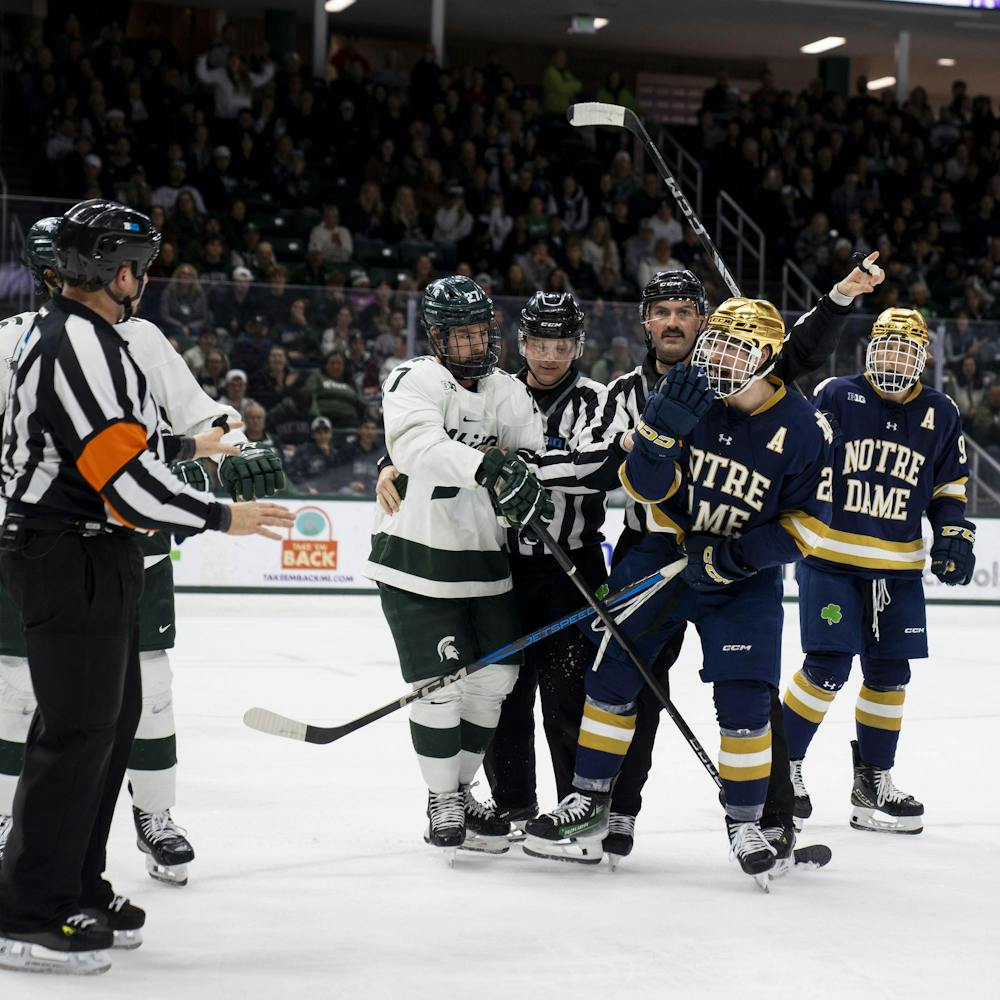 <p>The referees call a penalty during the MSU vs. Notre Dame men’s hockey game at Munn Ice Arena on Nov. 16, 2024. MSU defeated Notre Dame 4-3.</p>