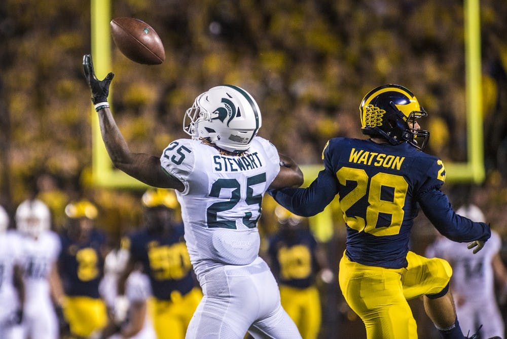 Junior wide receiver Darrell Stewart Jr. (25) catches the ball during the game against Michigan on Oct. 7, 2017 at Michigan Stadium. The Spartans defeated the Wolverines, 14-10. 