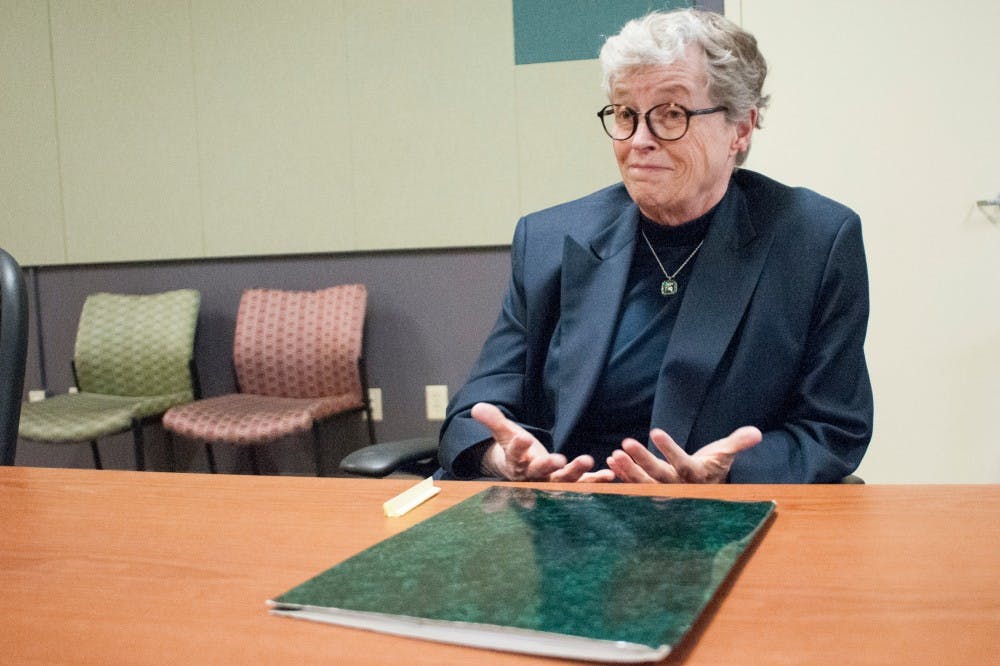MSU President Lou Anna Simon talks to The State News Editorial Board on March 3, 2017. When questioned about sexual assault allegations Simon said, "We're addressing a societal problem and not an MSU problem."