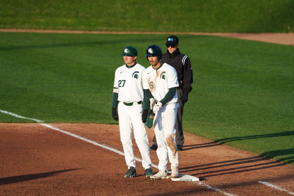 Michigan State redshirt senior Peter Ahn (16) on first base after being walked in the bottom of the fourth. Michigan State won 7-4 against Purdue Fort Wayne at the McLane Stadium, on Apr. 27, 2022.