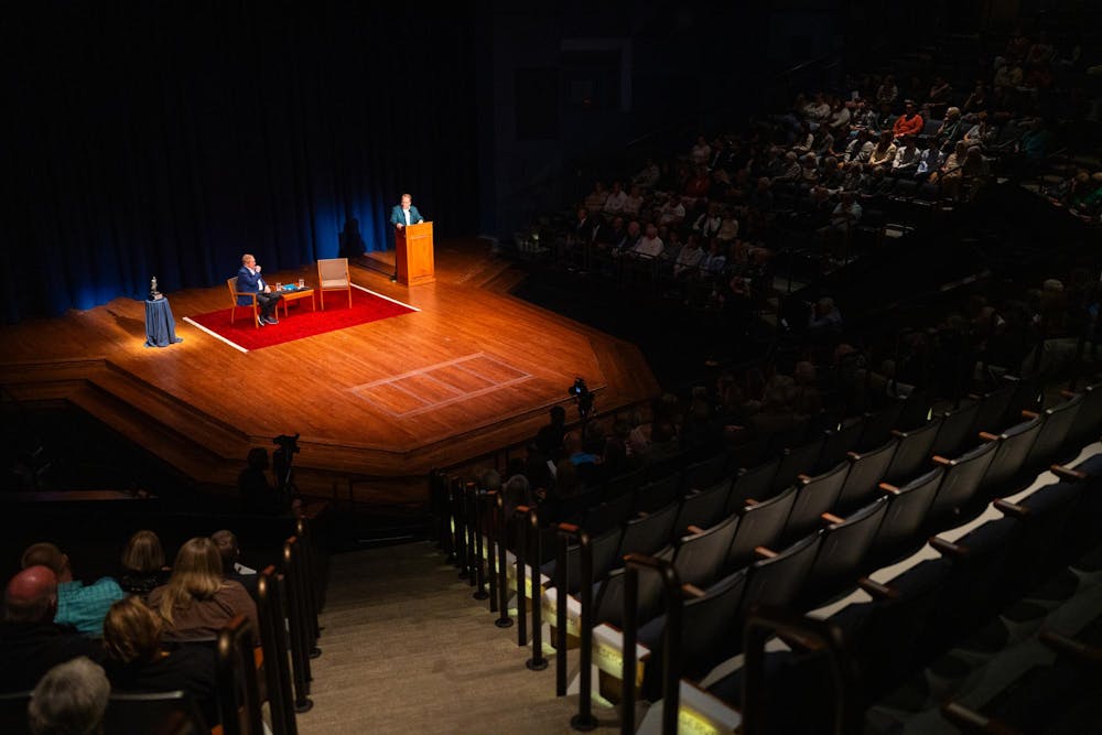 Attendants look on as MSU Men's Basketball head coach Tom Izzo speaks about his experience as a Spartan at the Wharton Center on Sep. 24, 2024.