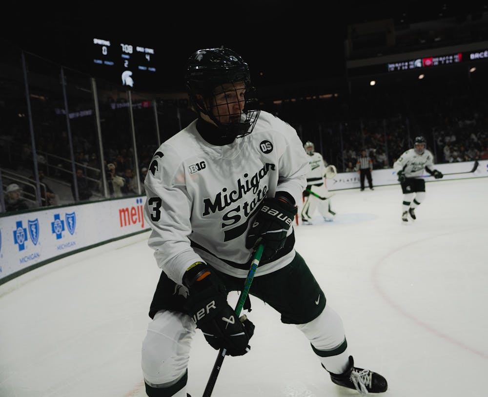 <p>MSU freshman defenseman Sean Barnhill (3) carries the puck at the Munn Ice Arena in East Lansing, MI, on Feb. 27, 2026.</p>