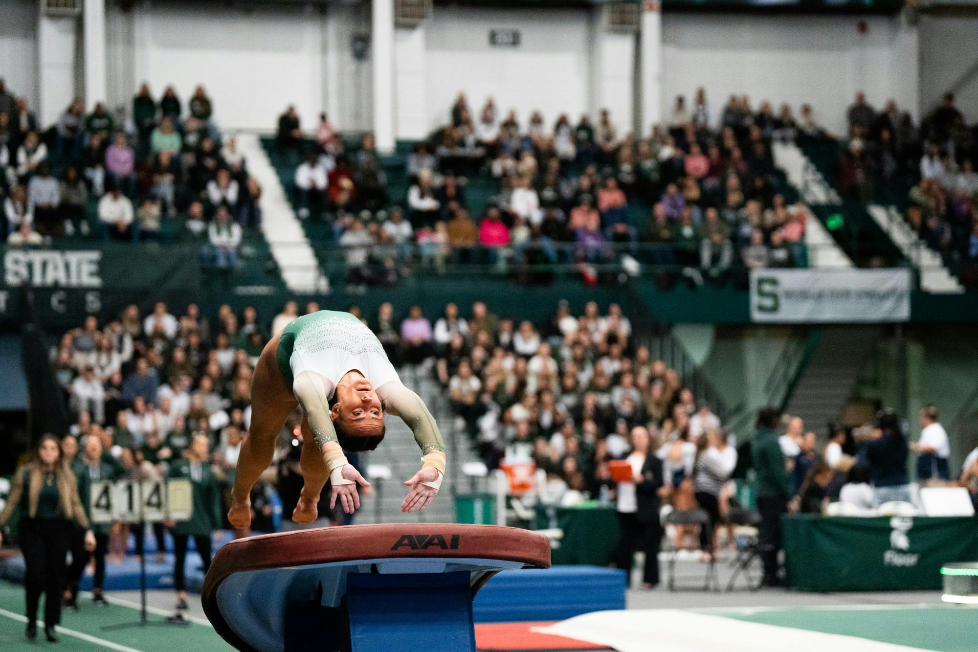 <p>Junior All-Around Baleigh Garcia flips during her vault routine at the MSU v.s. Penn State meet at the Jenison Field House on Feb. 4, 2023. The Spartans beat the Nittany Lions 197.450 - 195.475.</p>