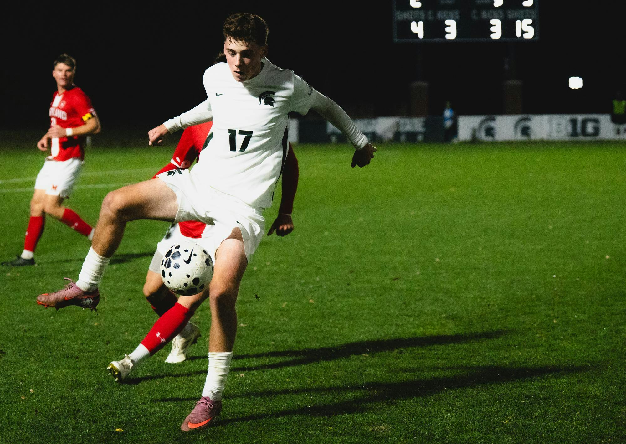 MSU freshman midfielder Peter Soudan (17) hits the ball at the DeMartin Soccer Stadium in East Lansing, MI, on Nov. 7, 2025.
