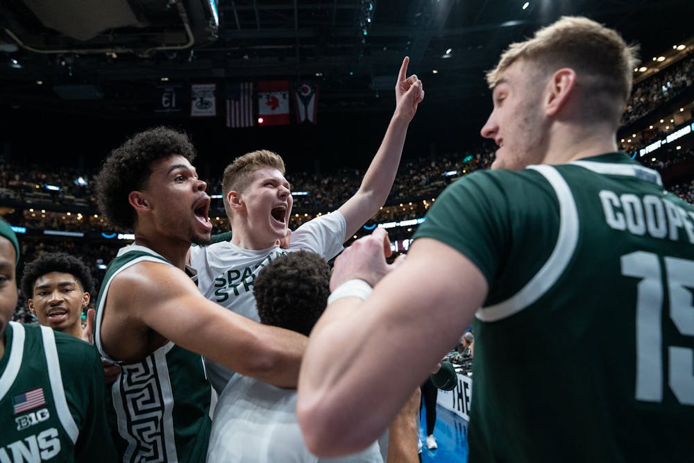 <p>Michigan State celebrates at Nationwide Arena on March 19, 2023, during the second round of the NCAA tournament. Michigan State defeated Marquette 69-60 to advance to the Sweet 16.</p>