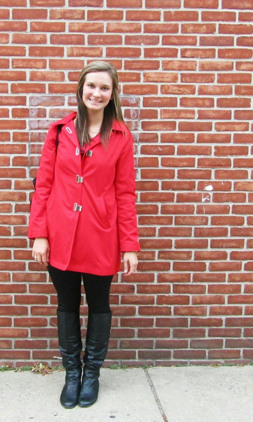 	<p>On a dreary fall day, accounting sophomore Alexandrea Platias stood out in a red raincoat and classic black boots. </p>