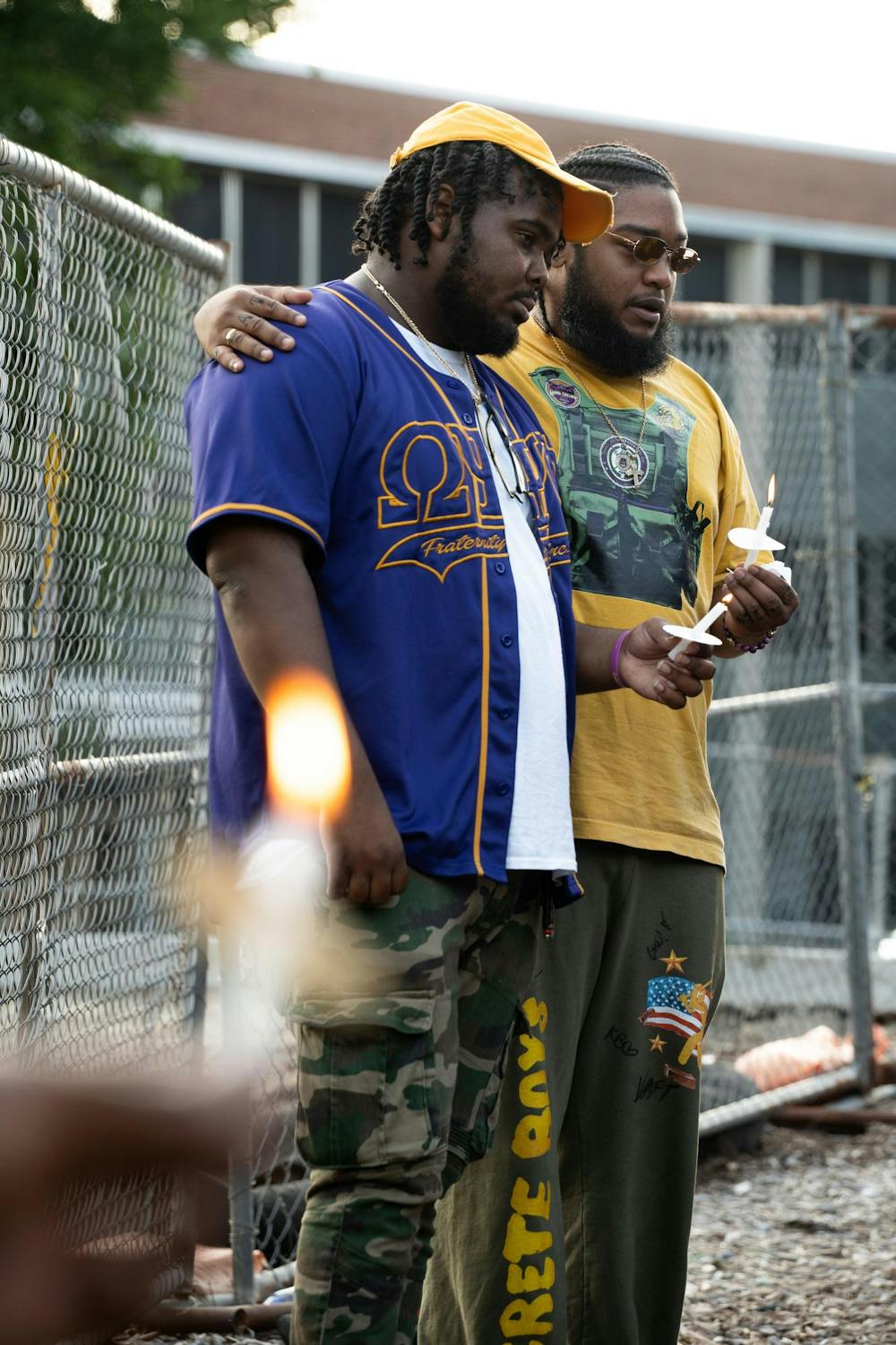 <p>Chance Carson, a friend and fraternity brother of Jordan Thornhill, listens to a prayer during a candle light vigil for Thronhill on Michigan State University's campus on July 12, 2024.</p>
