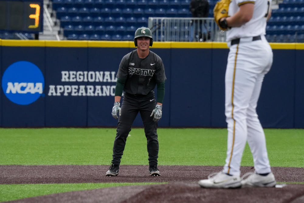 <p>Michigan State sophomore Ryan McKay (1) leads off on second base at Ray Fisher Stadium on April 26, 2025. The Spartans lost to the Wolverines in the second game 9-2.</p>