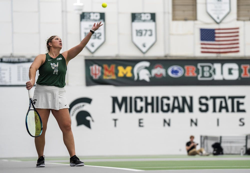 <p>MSU graduate Nicole Conard aces the serve against Purdue Junior Tara Katarina Milic and wins the first set at the MSU Tennis Facility on Mar. 30, 2024.</p>