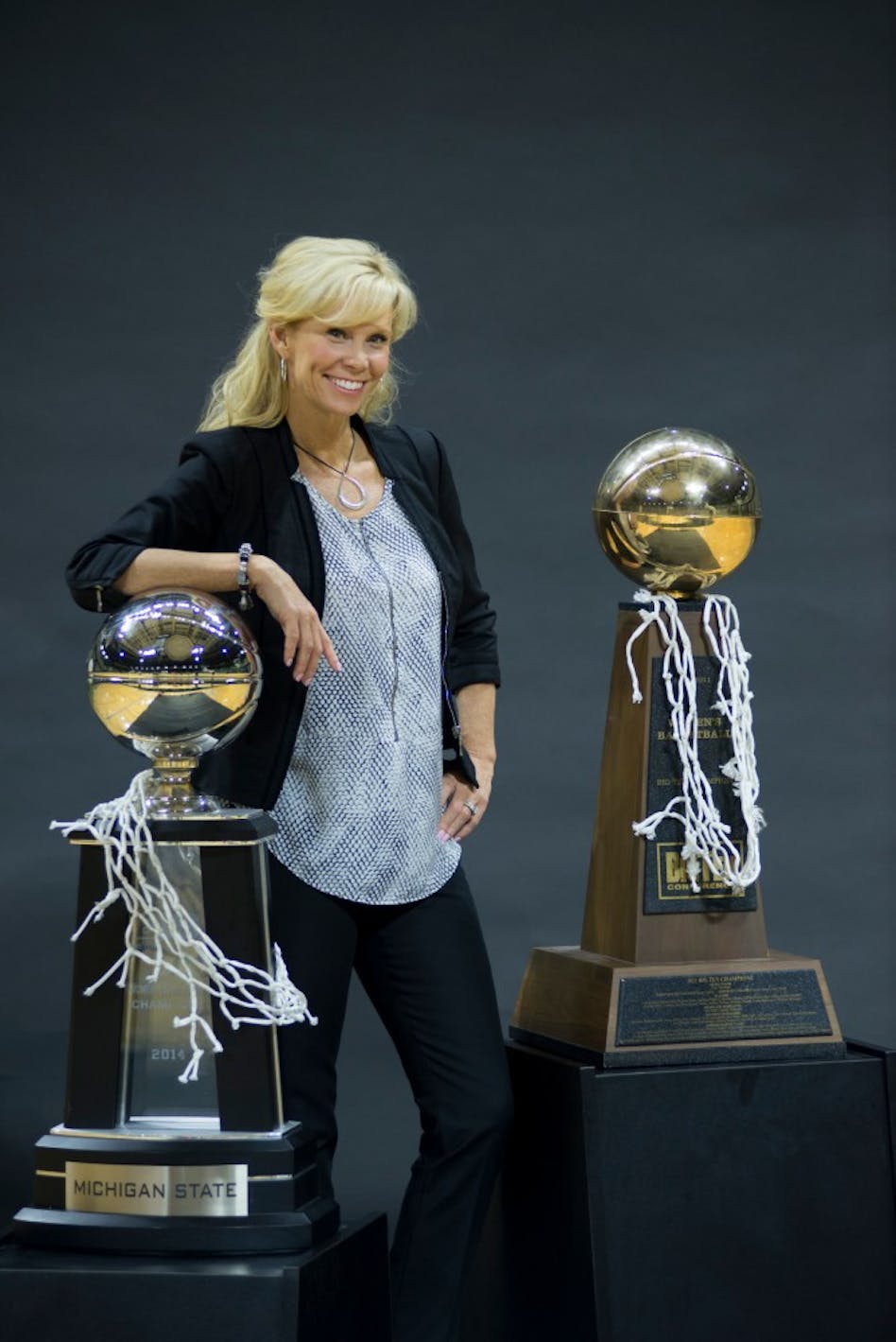 Women's basketball head coach Suzy Merchant poses for a portrait during Women's Basketball Media Day on Oct. 28, 2015 at Breslin Center.