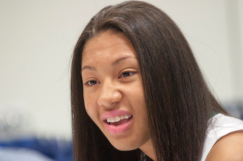 Freshman guard Aerial Powers talks to member of the media on Oct. 8, 2012, at Breslin Center during media day. Powers tore her Achilles tendon during practice on Friday, Oct. 16, 2012, and will miss the entire 2012-13 season. Justin Wan/The State News