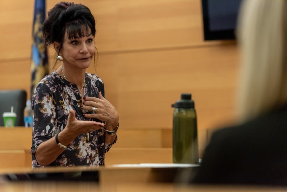 <p>Judge Rosemarie Aquilina teaches a class at the MSU College of Law on Oct. 15, 2019. </p>