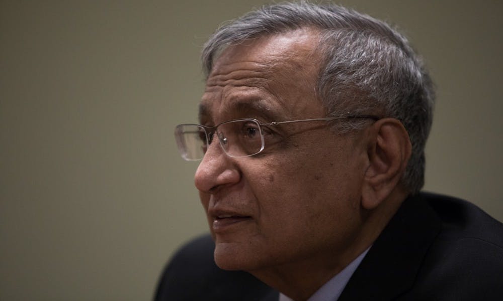 <p>Acting President of Michigan State University Satish Udpa sits down with the State News Editorial Board at the State News office April 17, 2019.</p>