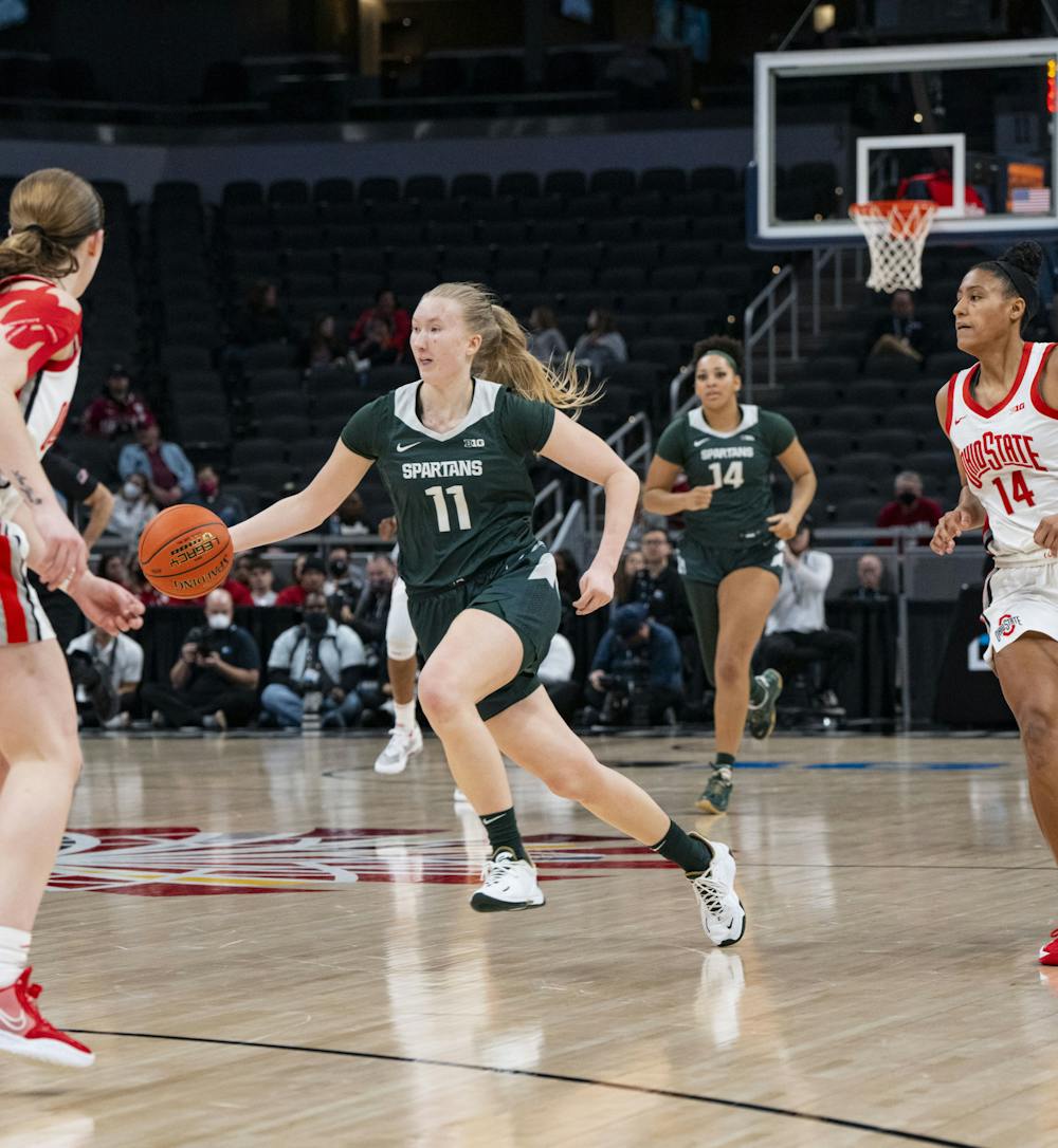 <p>Freshman forward Matilda Ekh (11) in the Spartans’ contest against the Ohio State Buckeyes at Gainbridge Fieldhouse in Indianapolis, Indiana. Shot on March 4, 2022.</p>