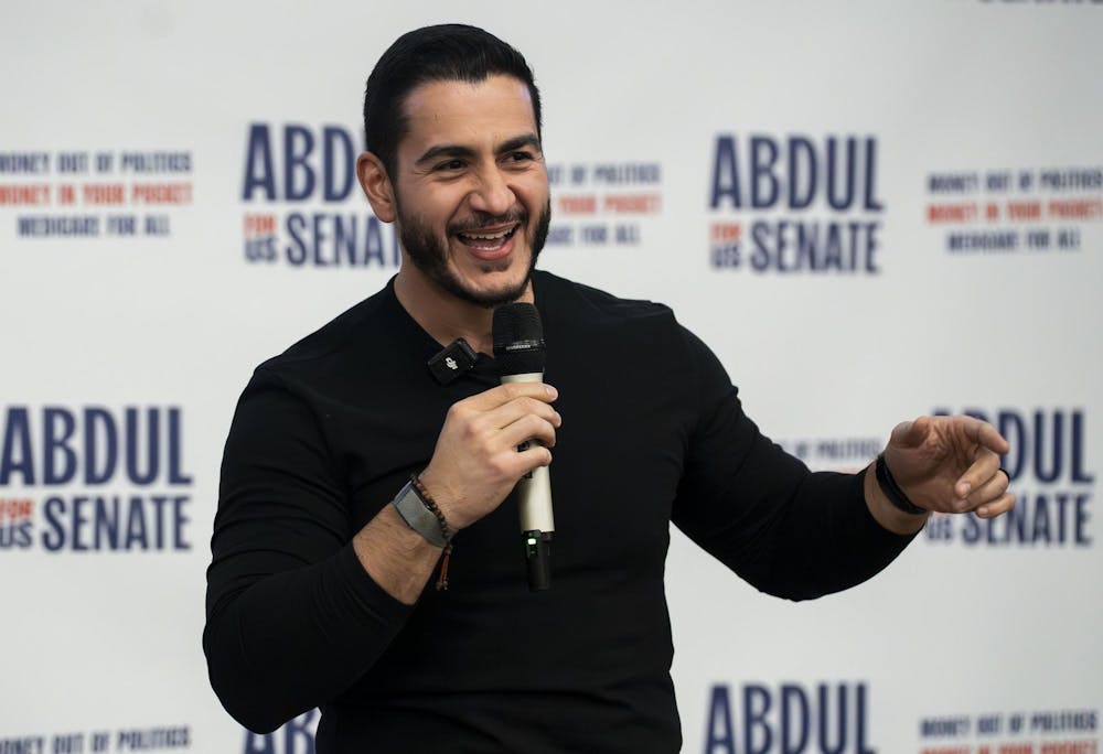 <p>Abdul El-Sayed speaks about healthcare and federal spending at a rally to gain votes for his senate race in Armstrong hall in East Lansing, Mich., on April 7, 2026. </p>