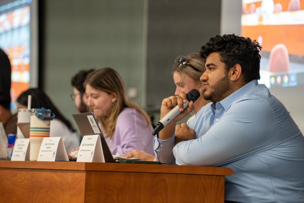 Manvir Bamrah, Chief of Staff for ASMSU speaks at the ASMSU General Assembly meeting in the International Center on Oct. 10, 2024. 