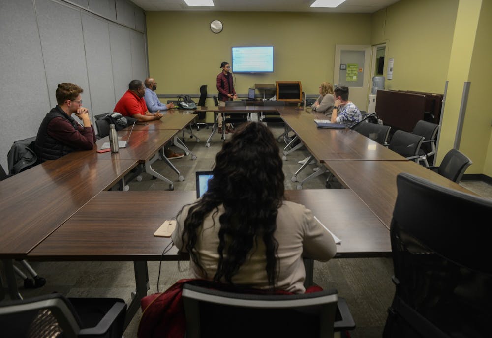 <p>MSU students discuss first generation students experiences at MSU during the ASMSU round table discussion event at the Student Services Building on Nov. 5, 2019.</p>