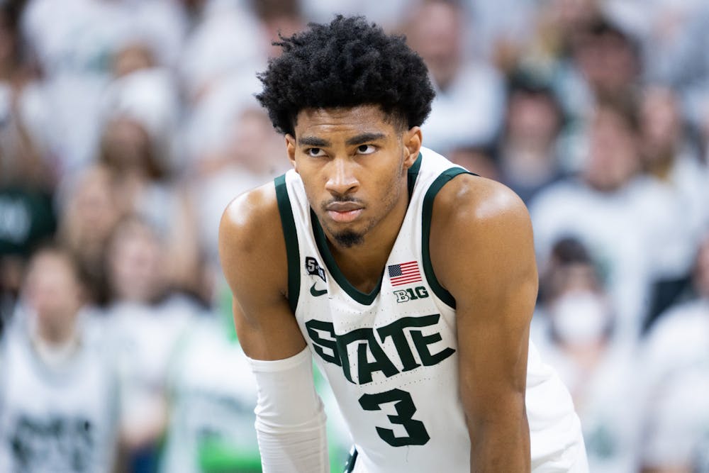 Sophomore guard Jaden Akins (3) focuses during a game against Purdue University at Breslin Center on Jan. 16, 2023. The Spartans fell to the Boilermakers with a score of 64-63. 