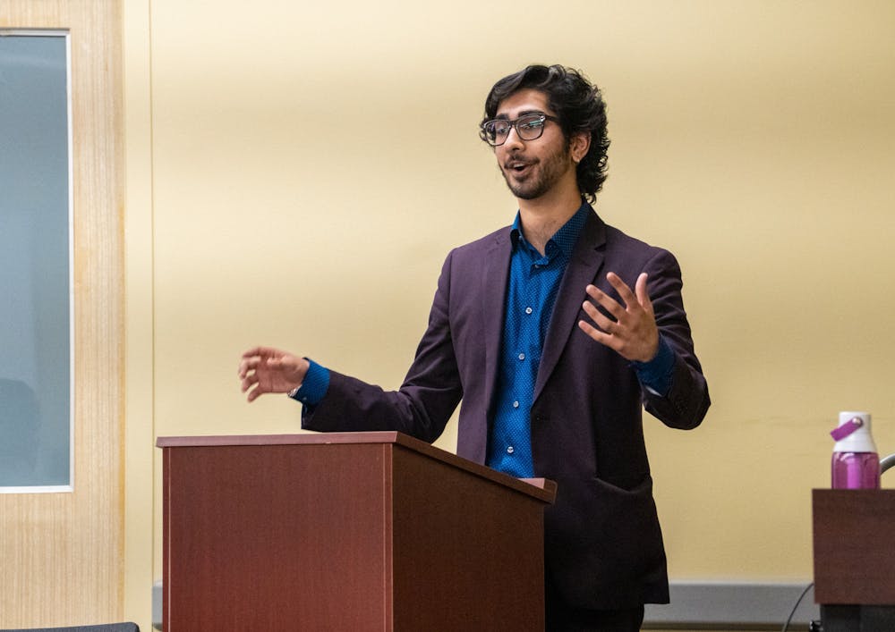 Senior social relations and policy Ishaan Modi gives his speech during his election for Vice President of Governmental Affairs. ASMSU held its annual vice president elections on April 21, 2022.