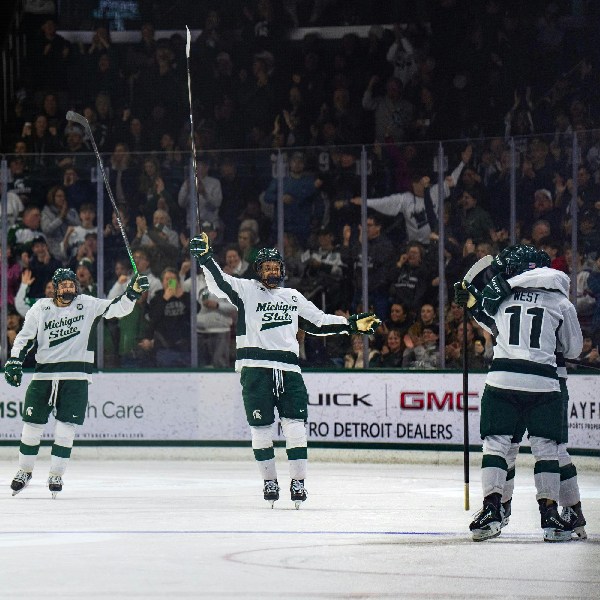 MSU hockey players celebrates a goal to tie up the game in Munn Ice Arena in East Lansing, MI on Feb. 28, 2026.