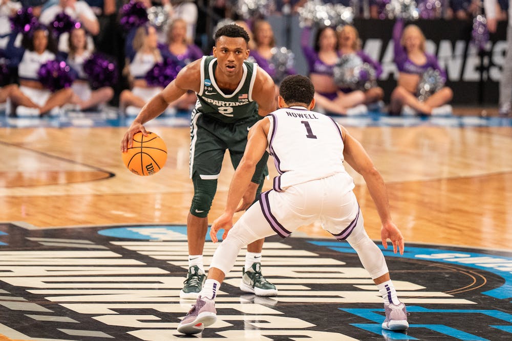 Senior guard Tyson Walker dribbles the ball during the Spartans' Sweet Sixteen matchup with Kansas State at Madison Square Garden on Mar. 23, 2023. The Spartans lost to the Wildcats 98-93 in overtime.