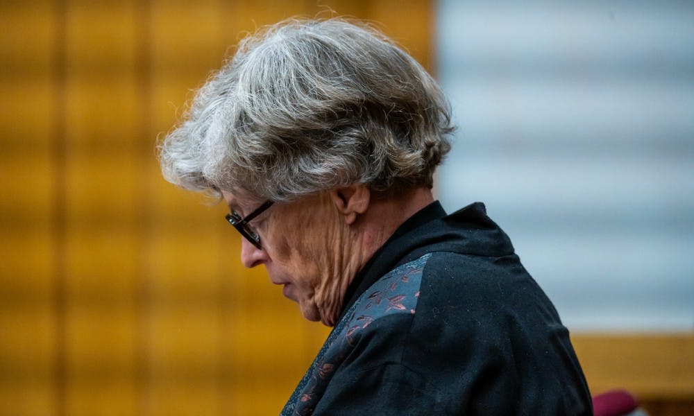 Former MSU President Lou Anna K. Simon during her preliminary exam at the Eaton County Courthouse on July 12, 2019. 