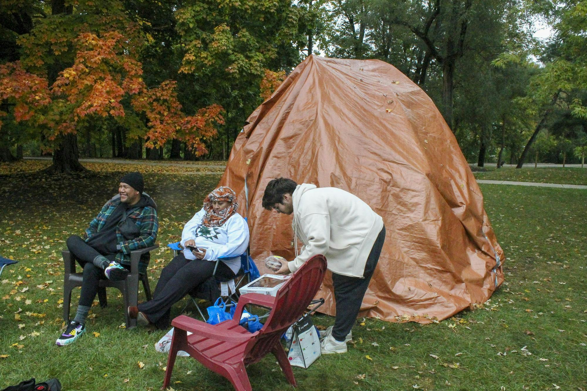 <p>Members of the North American Indigenous Student Organization outside of Wiigwam in People's Park on Oct. 13, 2024. Students and supporters set up camp to honor ancestors of the original "Indian Encampment" and demand the university administration’s acknowledgment of its role in the erasure of Indigenous people.</p>