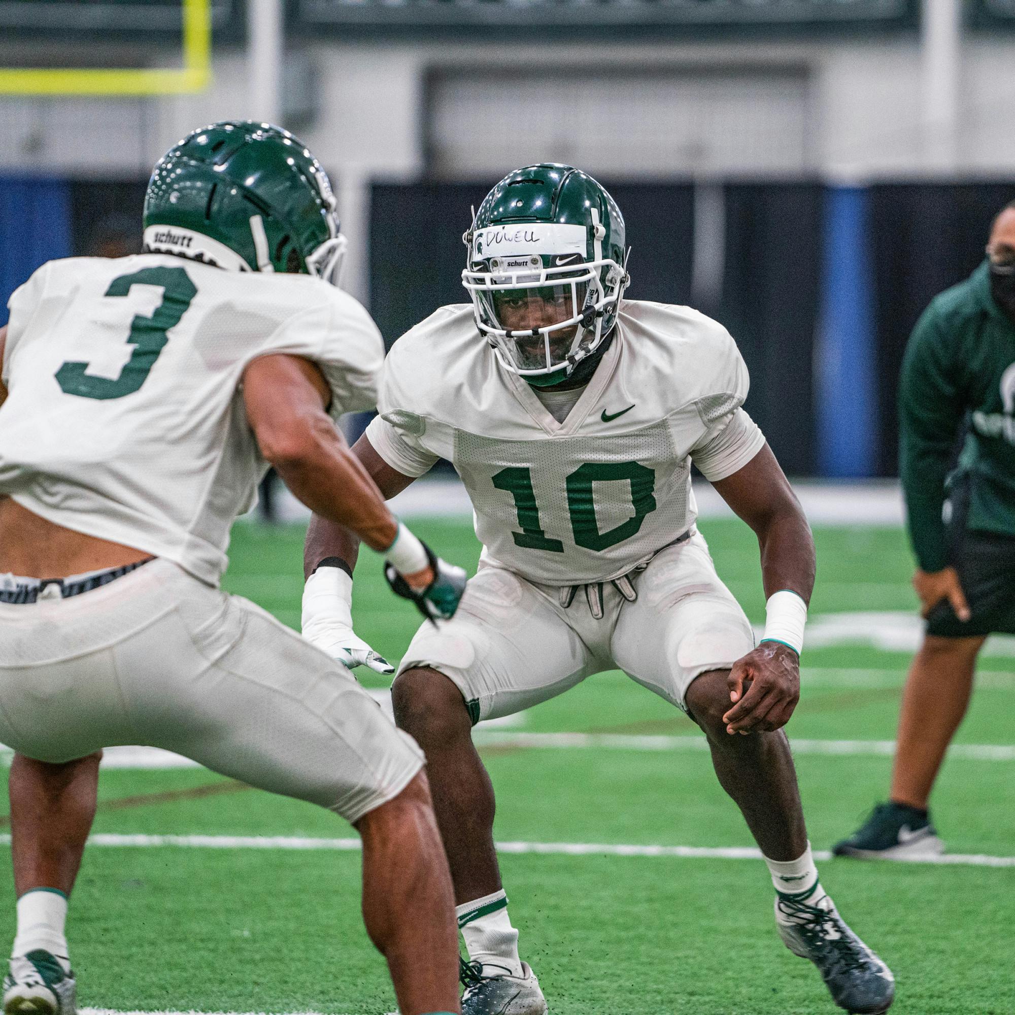<p>Redshirt sophomore safety Michael Dowell prepares to play defense during practice on Oct. 1, 2020. Dowell is the final of three Dowell brothers to go through the Michigan State football program. </p>