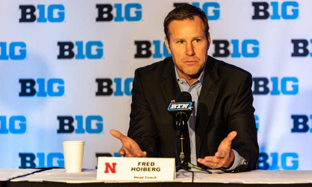 <p>Nebraska basketball Head Coach Fred Hoiberg speaks to the press during Big Ten Basketball Media Day in Chicago on October 2, 2019. Hoiberg is the father of sophomore guard Jack Hoiberg. </p>