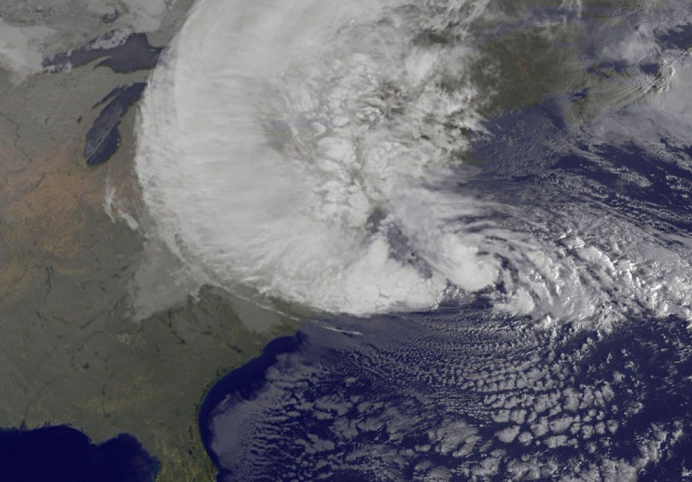 	<p><span class="caps">NOAA</span>&#8217;s <span class="caps">GOES</span>-13 satellite captured this visible image of Hurricane Sandy battering the U.S. East Coast Monday morning. Sandy&#8217;s center was about 310 miles south-southeast of New York City. Tropical Storm force winds are about 1,000 miles in diameter. Courtesy <span class="caps">NASA</span> <span class="caps">GOES</span> Project</p>